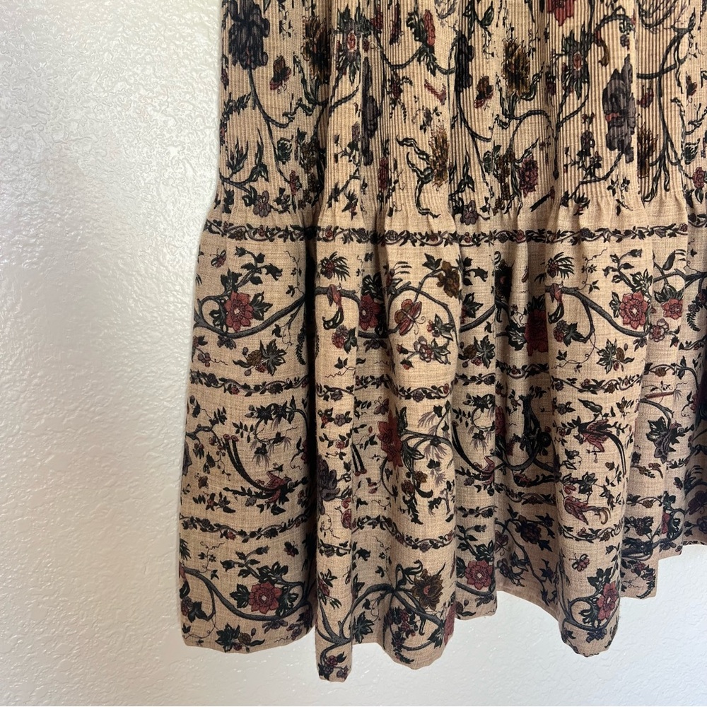 Vintage Linen Floral Skirt High Waist Knife Pleat Midi Flower Print Tan Beige M - Picture 2 of 6